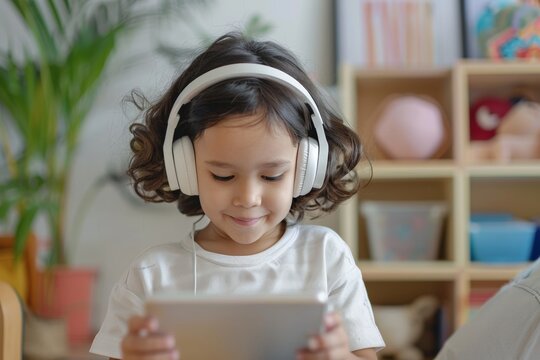 caucasian preschool child using tablet with headphones, white little kid watching cartoon, playing game or learning on a digital device, toddler screentime usage concept