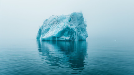 Iceberg floating in calm sea, misty atmosphere, blue tones, serene arctic landscape, empty space
