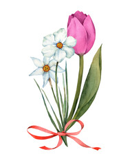 Bouquet of spring flowers. Watercolor illustration, postcard.