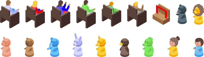 Puppets show icons set isometric vector. Adult theatre. Children watching - 775323465