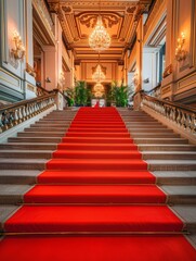 Elegant red carpet staircase in lobby - An opulent red carpet staircase within an elegant lobby, emanating luxury and high-status events