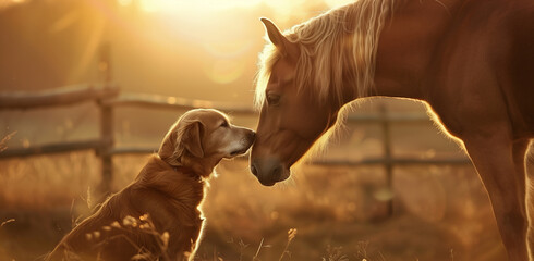 Dog and horse touching noses at sunset.