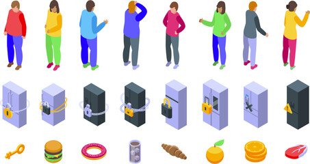 Locked fridge icons set isometric vector. Chained eating. Healthy food
