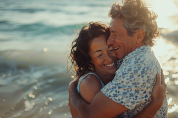 A man and woman hugging on the beach and smiling