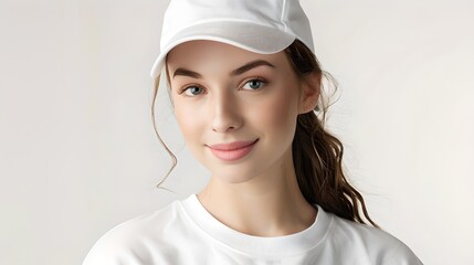 Young woman in a white cap and t-shirt smiling gently. Natural light, casual style. Perfect for lifestyle branding. AI