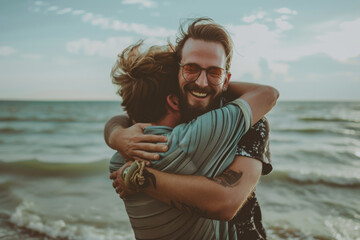 A man with glasses is hugging another man on the beach