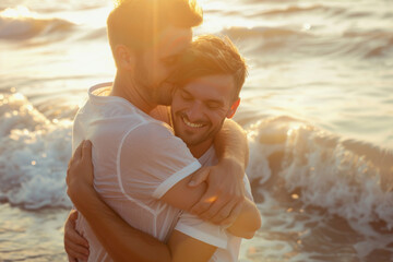 A man kisses another man on the cheek on the beach