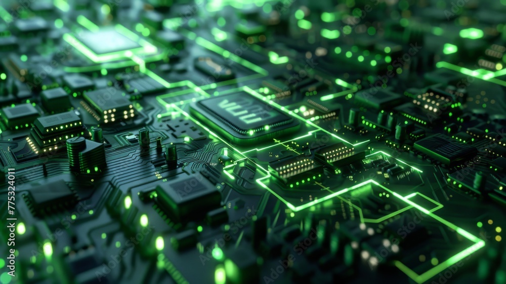 Poster detailed green circuit board with glowing elements - high definition image of a green circuit board 