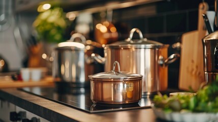 saucepan pan on the stove kitchen - obrazy, fototapety, plakaty