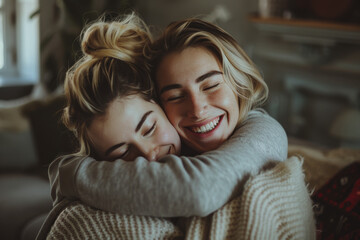 Two women hugging each other and smiling with their eyes closed