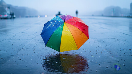 Colorful umbrella standing out in rainy, misty weather