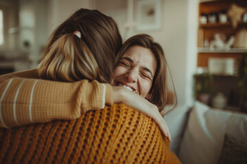 A woman in a brown sweater is hugging another woman