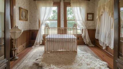 Vintage bedroom with lace curtains and brass bed - An antique-style bedroom with a white brass bed and lace curtains creating an inviting vintage atmosphere