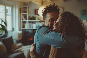 A man and woman hugging each other in a living room