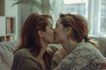 Two women kissing on a couch with a bookshelf in the background