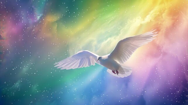 Dove soaring in a multicolored nebula space - Ethereal image of a dove in flight against a backdrop of a beautifully blended rainbow nebula, evoking feelings of hope