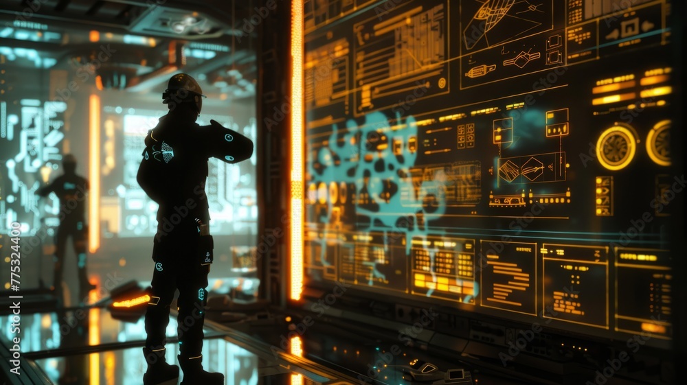 Poster engineer standing in front of futuristic control panels - backlit by an array of futuristic, glowing