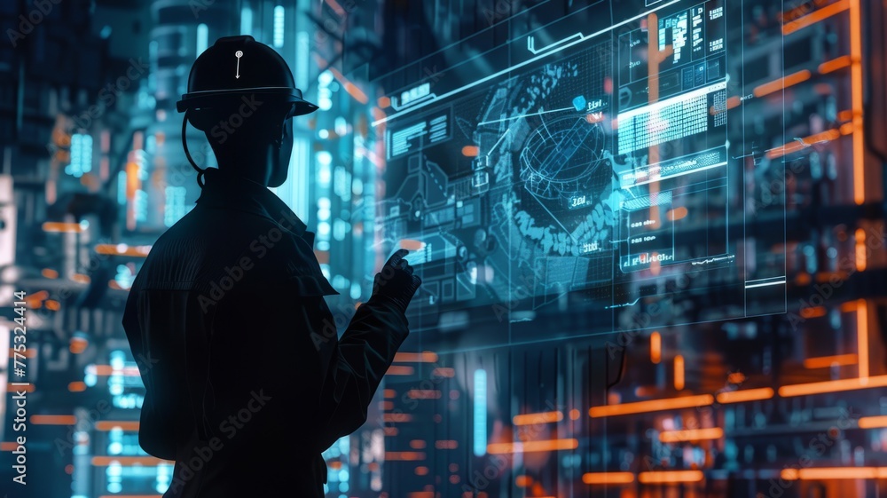 Poster back view of an engineer analyzing digital screens - standing in a digitalized environment, an engin