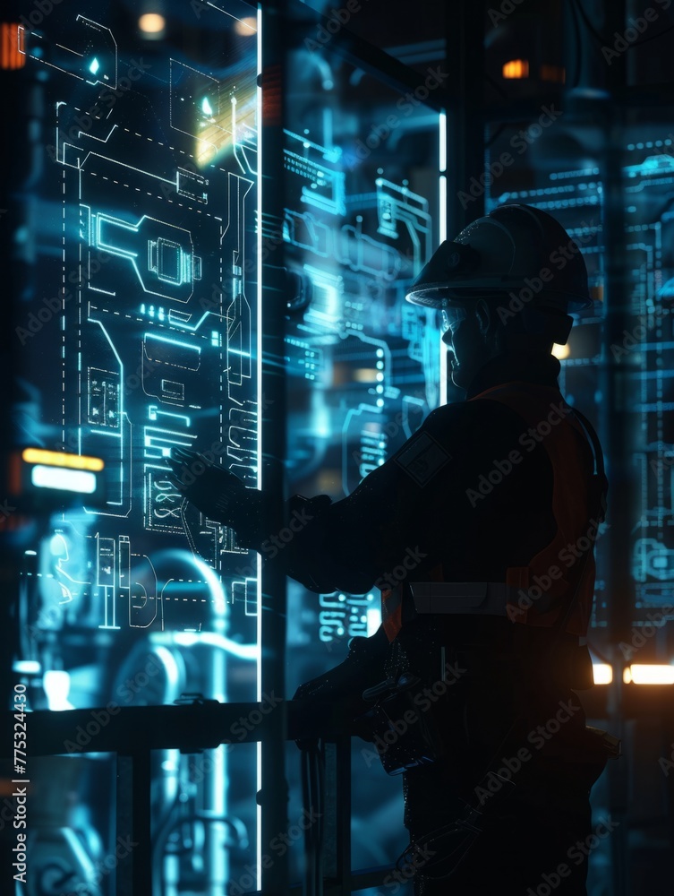 Poster futuristic engineer interacting with digital interface - a futuristic silhouette of an engineer work