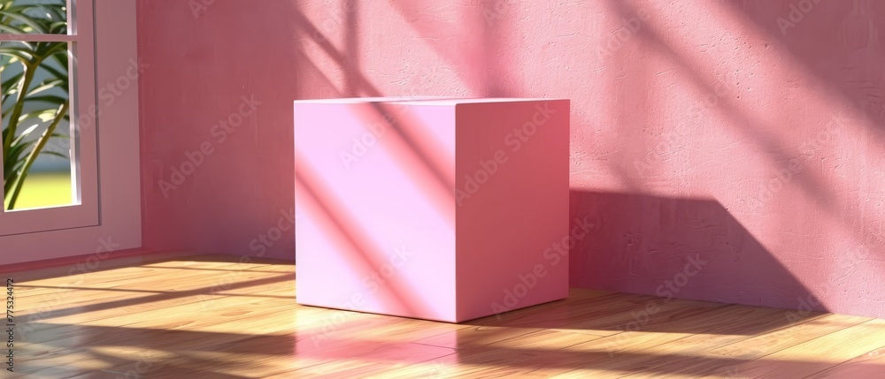 Wall mural   A pink vase sits on a wooden floor in front of a pink wall with a potted plant in the corner