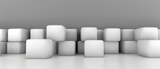   A group of white cubes sits on a white floor next to a gray wall