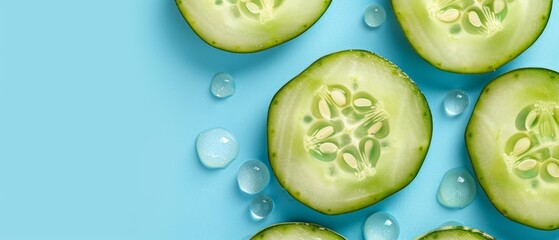   A group of cucumbers with water droplets on a blue background and a slightly lighter blue background