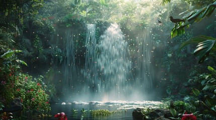 Amazon rainforest biodiversity  waterfall, rare birds in flight, nature s symphony in lush jungle