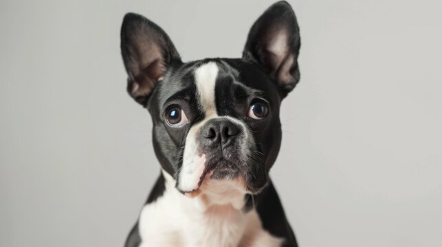 Close-up portrait of a Boston Terrier dog with expressive eyes and perky ears in a studio setting
