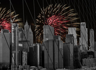 black and white skyscrapers and colorful fireworks. Dark photo.skyscrapers of New York. view through the grille of the Brooklyn Bridge. - 775324819