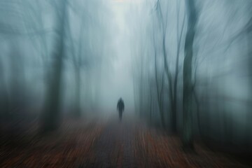 An anonymous figure is moving away on a forest trail, rendered in motion blur, creating a ghostly and enigmatic presence amidst the fog