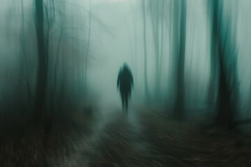 A dark silhouette stands out against a washed-out backdrop of trees and fog, giving an impression of isolation and mystery in the scene - obrazy, fototapety, plakaty