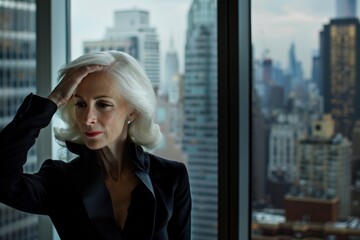 An elegant gray-haired woman in a business suit standing by a window overlooking a cityscape