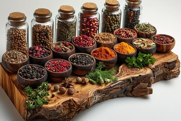 a mesmerizing array of various herbs and spices, neatly arranged on a rustic wooden surface