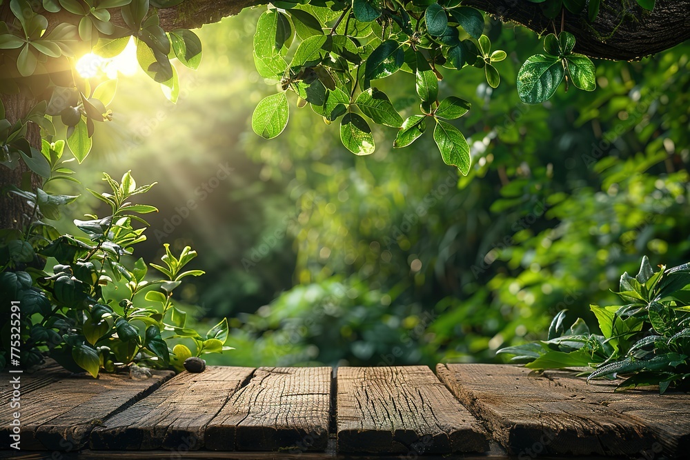 Poster An inviting scene featuring an empty wood table adorned with a soft green bokeh blur backdrop