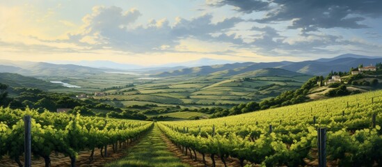 Scenic painting featuring a vineyard overlooking a lush valley with rolling hills and grapevines under a clear sky