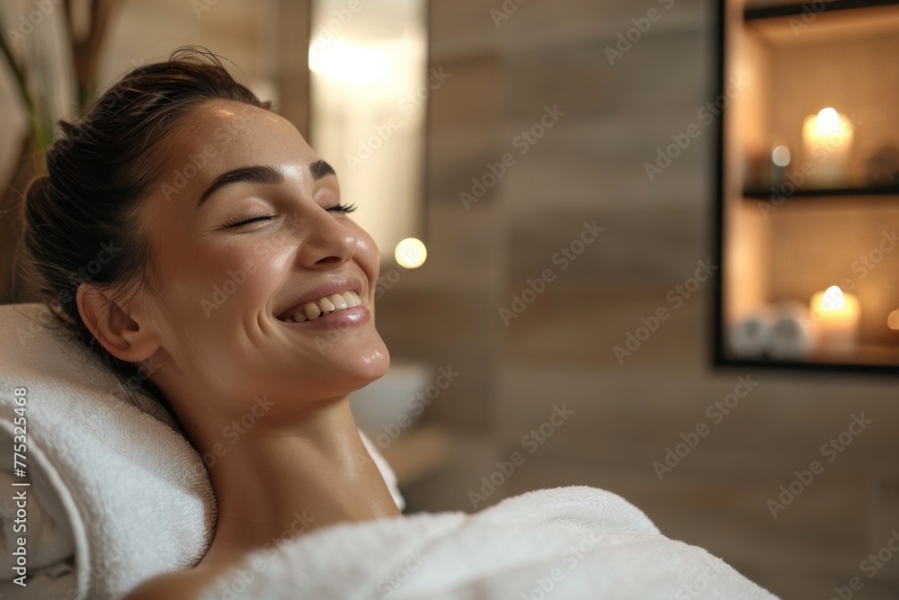 Poster capture indulgence in this serene spa setting as a person relaxes, surrounded by a warm atmosphere a