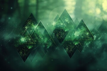 A green background with triangles and a blurry mountain in the background