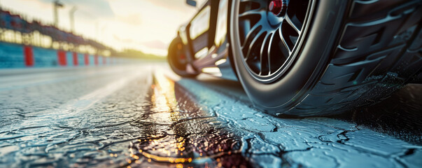 Close-up of a sports car on a wet racetrack at sunset.