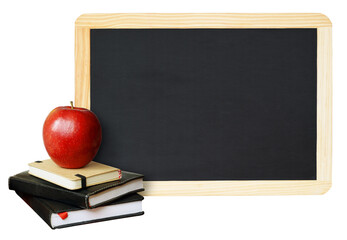 Notebooks and an apple with black chalkboard in wooden frame isolated on white or transparent background