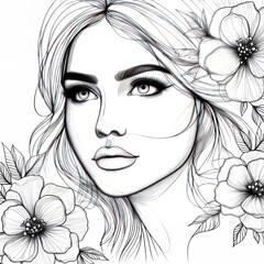 Line art female face with flowers. Boho style for business invitations, price lists and cards