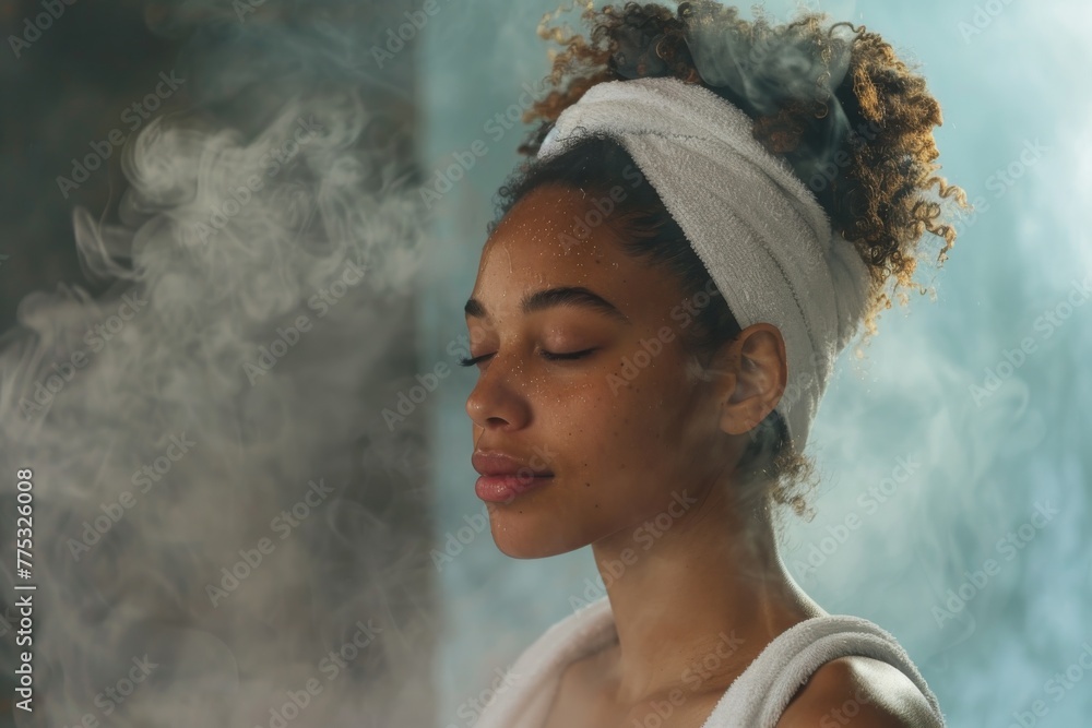 Poster a person surrounded by curling steam and soft light in a spa-like setting evokes a feeling of relaxa