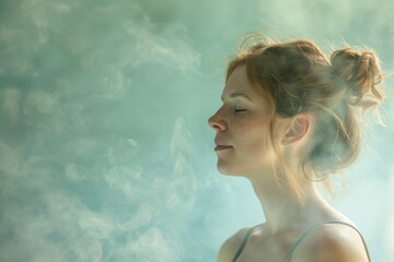 A mysterious woman poised amidst blue smoke giving a sense of contemplation or deep thought in an artistic manner