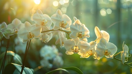 Delicate orchids suspended in a greenhouse bathed in soft light