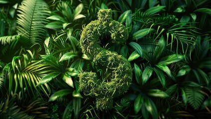 Cinematic shot of a green mossy dollar sign in the grass. AI generated illustration