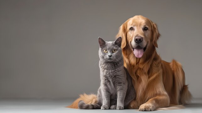 Charming Dog and Cat Posing Together. Pets Friendship in a Studio Setting. Perfect Image for Pet Lovers. AI