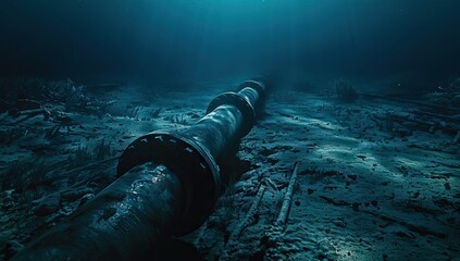 Pipeline in the blue waters of the sea. Pipeline transportation is most common way of transporting goods such as oil, natural gas or water on long distances. AI generated illustration - obrazy, fototapety, plakaty