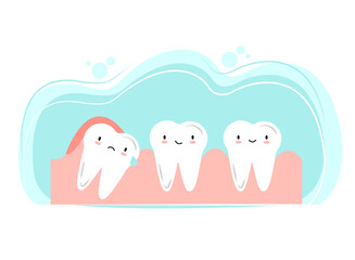 Wisdom Tooth Dental Problem Vector Flat Styled Illustration. Cute Kawaii Teeth for Dentistry Business