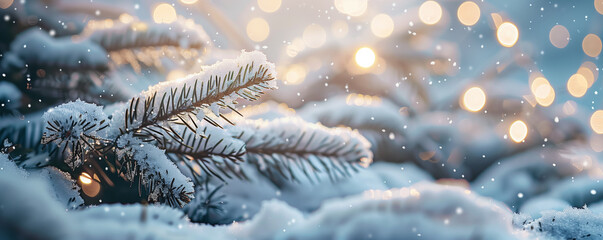 Snow-covered pine branches with golden bokeh lights. - obrazy, fototapety, plakaty