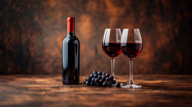 Two glasses with red wine, wine bottle and red grapes, copy space. High quality photo