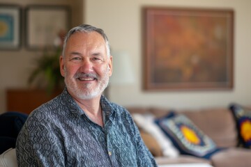 An older man with a mustache and a patterned shirt exudes calm and ease, smiling in front of a cozy home background